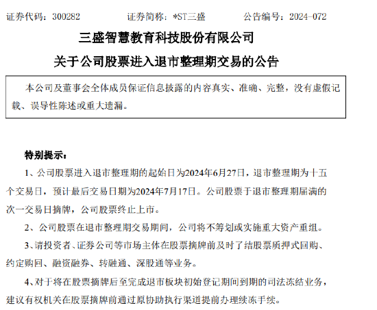 未在法定期限内披露2023年年度报告 *ST三盛被终止上市