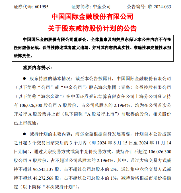 三股东清仓减持吓退中金股价 盘中一度破发 海尔金盈5次减持将套现135亿