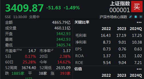 大金融集体回调，沪指半日退守3400点